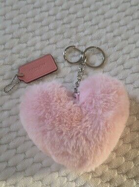 Coach Pink Hang Tag And Furry Pink Heart Keychain Set.